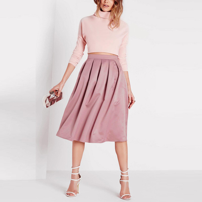 High waist pleated pink 3/4 umbrella skirt