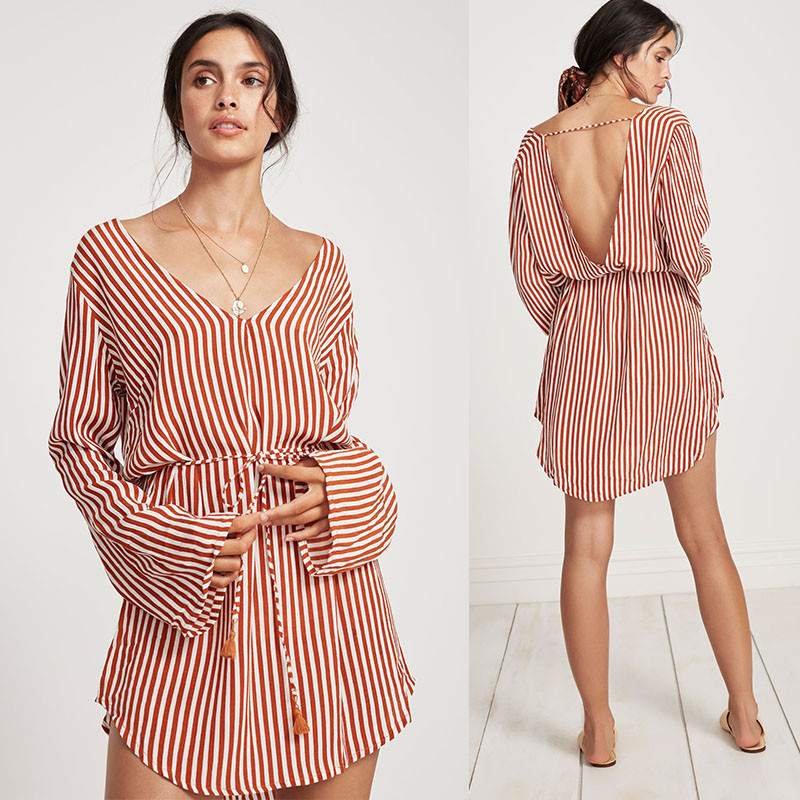 Summer Wholesale Design Striped Long Sleeve Casual Woman Dress